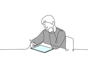 man sits at a table over a tablet with a stylus in his hand and props his chin with his hand - one line drawing vector. concept digital artist in creative crisis vector