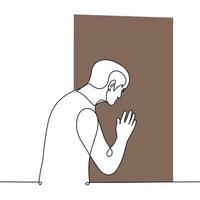 man standing at the door looking through the peephole - one line drawing vector. concept an unexpected guest, an introvert does not want to let in, a neighbor peeps vector