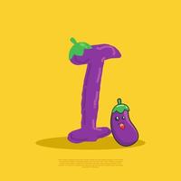 Letter I with cute eggplant sitting beside it. flat design vector
