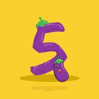 number 5 with cute eggplant sitting beside it. flat design vector