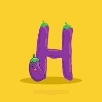 Letter H with cute eggplant sitting beside it. flat design vector