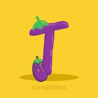 Letter T with cute eggplant sitting beside it. flat design vector