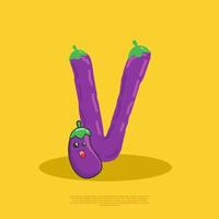 Letter V with cute eggplant sitting beside it. flat design vector