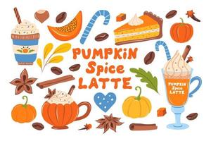 pumpkin latte coffee set. hand drawn vector illustration