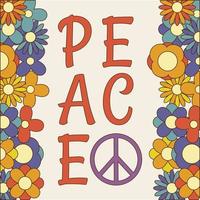 Icon, sticker in hippie style with text Peace and flowers on the right and left side on beige background. Retro style vector