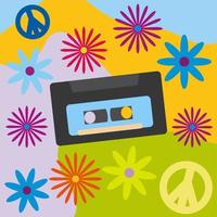 Icon, sticker in hippie style with cassette tape, flowers, symbols of peace on a bright abstract background vector