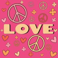 Icon, sticker in hippie style with text Love and flowers, hearts, peace signs on bright pink background in retro style vector