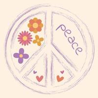 Icon, sticker in hippie style with Peace sign, text peace and flowers on beige background. Retro style vector