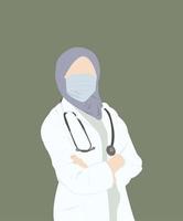 Flat simple illustration with muslim doctor with muslim headscarf in green background vector