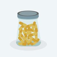 Transparent jar with a blue lid filled with orange pills vector