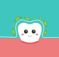 Happy smiling cute tooth protected from bacteria around. Illustration can be used on stomatology clinic, like poster or print. vector