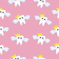 Seamless pattern with cute funny tooth fairy with a golden crown and wings on a pink background. Illustration can be used like poster, card or print. vector