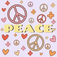 Icon, sticker in hippie style with text Peace and flowers, hearts, peace signs on blue background in retro style vector