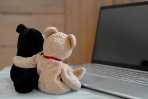 couple Teddy bears sitting and watching on a laptop. photo