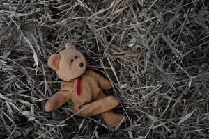 el oso de peluche solitario duerme en el suelo para crear una postal de niños desaparecidos internacionales, corazón roto, solitario, triste, solo, lindo muñeco perdido no deseado. foto