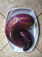 Purple eggplants on a metal plate on a light concrete background with a napkin. photo