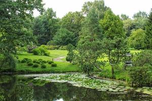 Beautiful landscape view in Japanese traditional botanical decorative garden. Calm nature scene of green summer lake pond water and pagoda lantern. Zen, meditation, harmony concept photo