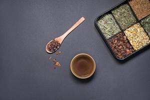 una taza de té junto a una cuchara de madera y una caja llena de diferentes tés