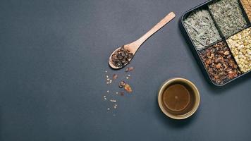 A box with different tea leaves next to a cup of tea and a spoon photo