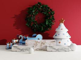 fondo de venta de navidad con caja de regalo de navidad y podio de escenario sobre fondo rojo y blanco para exhibición de productos representación 3d foto