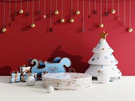 fondo de venta de navidad con trineo de navidad y podio de escenario sobre fondo rojo y blanco para exhibición de productos representación 3d foto