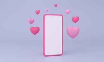 smartphone with heart around on purple background. Happy Valentine s Day, birthday. woman or mam day banner. photo