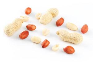 Peanuts isolated on white background. Peeled Peel and Scarlup. photo