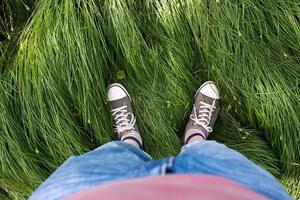 piernas masculinas en jeans y zapatillas de deporte se paran en un claro en una hermosa hierba verde. vista superior. foto