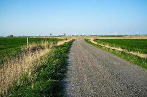 Rural road goes through the fields, against the backdrop of a blue sky and wind turbines, on a spring day. Country landscape. photo