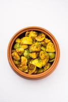 tinda al estilo indio o tinde ki sabzi también llamada calabaza india, melón redondo, calabaza redonda india o calabaza bebé india, rellena, salteada seca o receta de curry foto