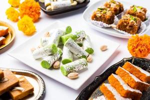 Indian assorted sweet mithai, barfi in a group photo