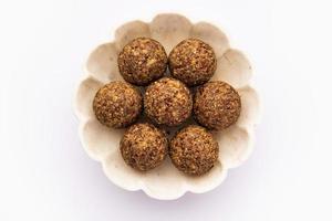 Alsi pinni laddu or flax seed laddo or healthy jawas ladoo are delicious Indian sweet energy balls photo