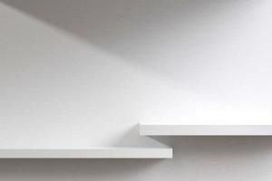 Empty white square pedestals with sunlit shadows, wall shelves. For designing product presentations and interiors. 3D render illustration photo