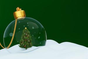 Christmas tree, snowing in transparent ball on snow green background. 3d rendering. copy space photo