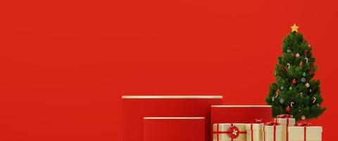 red steps pedestal podium for Christmas and new year holiday. Christmas tree and gifts and aesthetic window shadow with red background. 3d illustration photo