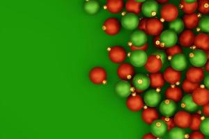 christmas and new year holiday concept. pile of red and green christmas balls on green background. 3d illustration copy space photo