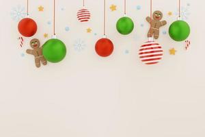 Christmas and new year background. glass ball Christmas ornaments, ginger bread man on off white background. copy space. 3d rendering photo