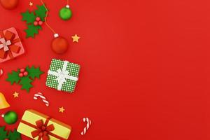 Christmas and new year background. present boxes, holly berry leaves, glass ball Christmas ornaments on red background. 3d rendering. flat lay. copy space photo
