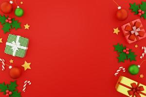 Christmas and new year background. present boxes, holly berry leaves, glass ball Christmas ornaments on red background. 3d rendering. flat lay. top view photo