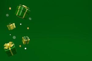 Christmas and new year background. present boxes in green tone. gold ribbons, snowflakes on green background. 3d rendering. copy space photo