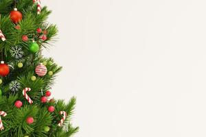 Cierra el árbol de Navidad decorado con adornos sobre fondo blanco. representación 3d copie el espacio foto