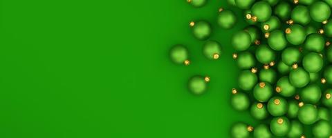 concepto de vacaciones de navidad y año nuevo. pila de bolas de navidad verdes sobre fondo verde. espacio de copia de ilustración 3d foto