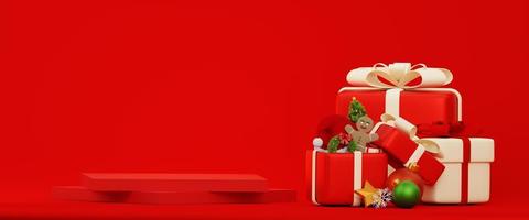 christmas and new year holiday concept. red square podium with present gifl boxes. open gift box with christmas decorations. red square podium product display. 3d illustration photo