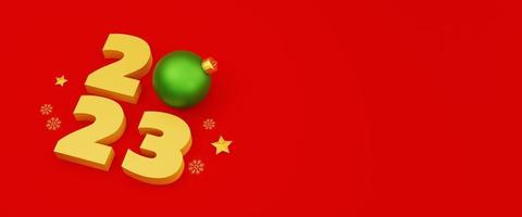 Christmas and new year background. 2023 new year gold text with christmas ball, snowflakes and star. 3d illustration copy space photo