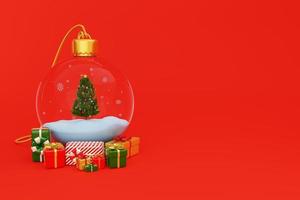 Christmas tree, snowing in transparent ball and Christmas gifts on red background. 3d rendering. copy space photo