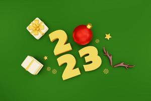 fondo de navidad y año nuevo. 2023 texto verde de año nuevo con corona de navidad, copos de nieve, estrella, caja de regalos y cuerno de ciervo. Ilustración 3d en el espacio de copia de fondo verde foto