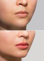 Female lips after permanent makeup lip blushing procedure photo