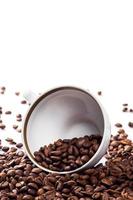 Cup filled with a roasted coffee beans on white background photo