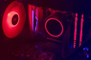 Inside parts of gaming personal computer with neon light photo