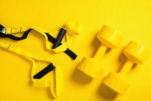 Yellow dumbbells, fitness mat and suspension straps photo